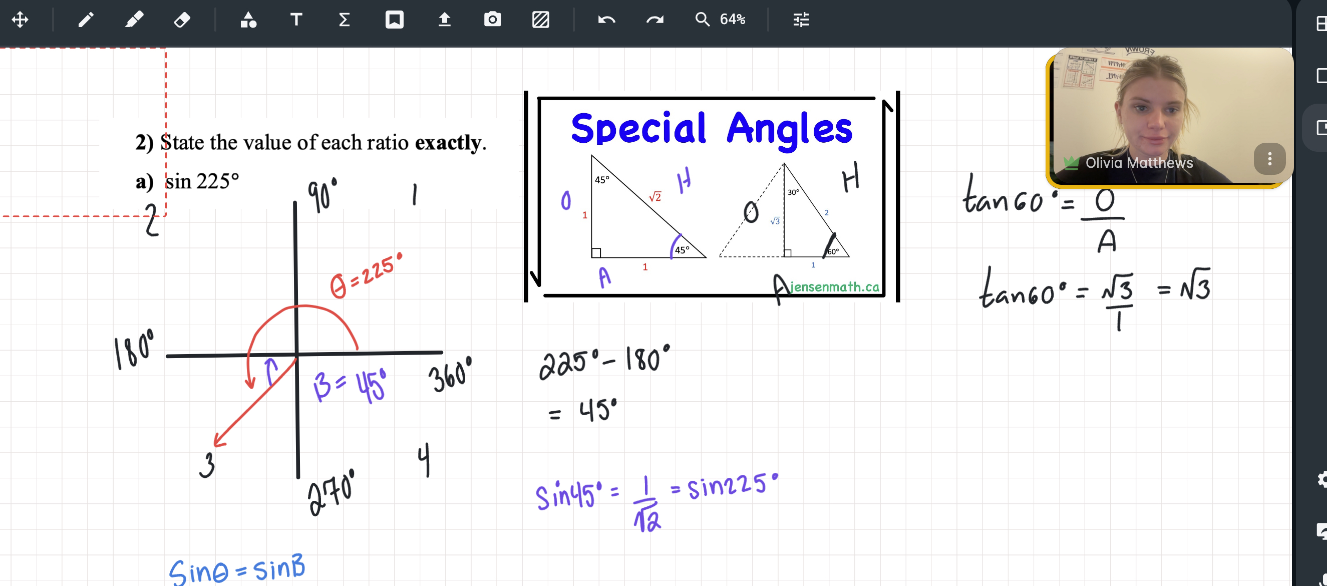 Online whiteboard lesson working through a trigonometry problem and special angles, with Liv visible on video